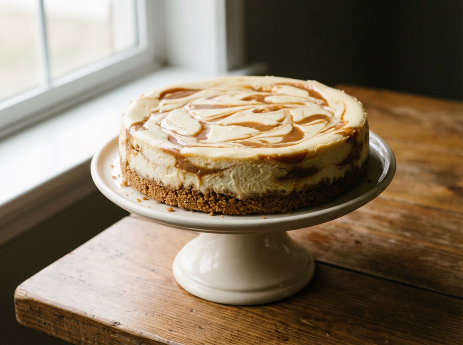 Caramel Pretzel cheesecake — whole cake, top view