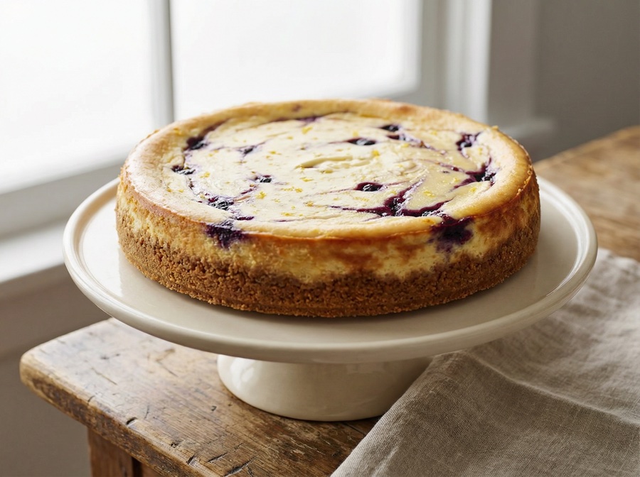 Lemon Blueberry cheesecake — whole cake, top view