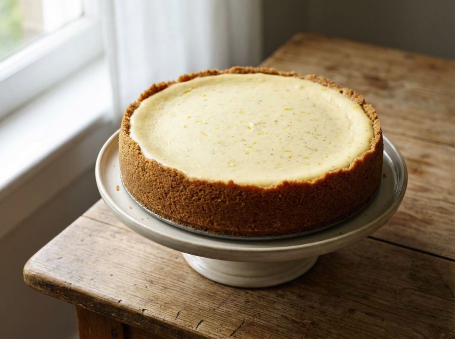 Lemon Cardamom with Ginger Crust cheesecake — whole cake, top view