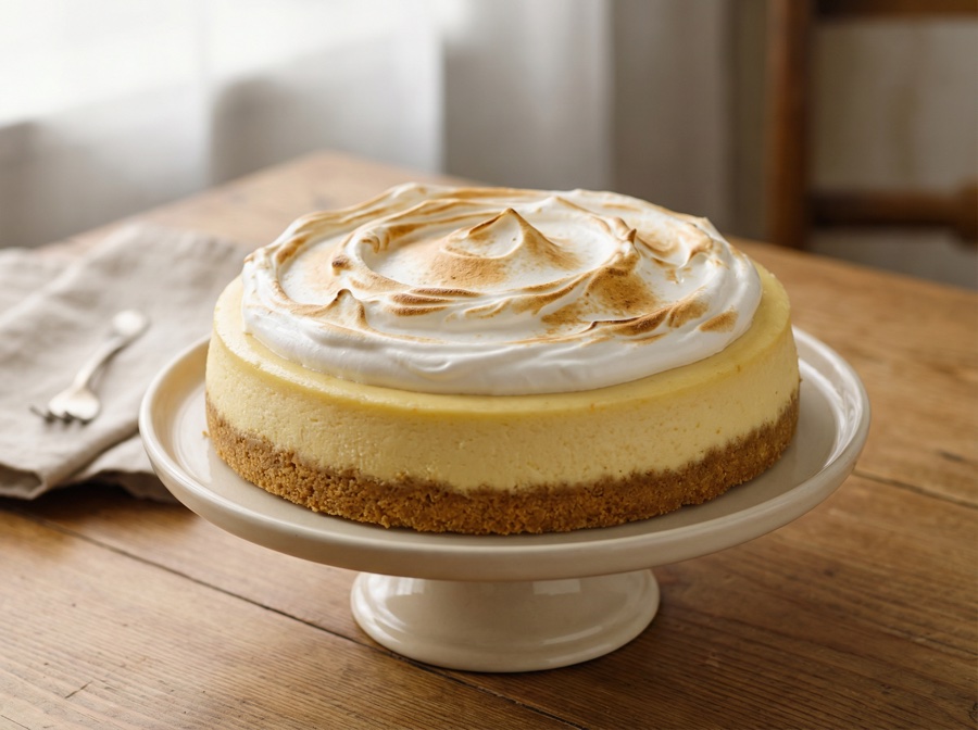 Lemon Meringue cheesecake — whole cake, top view