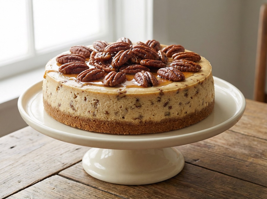 Maple Pecan cheesecake — whole cake, top view