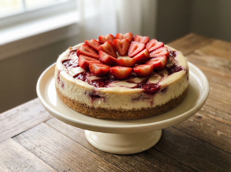 Roasted Strawberries cheesecake — whole cake, top view