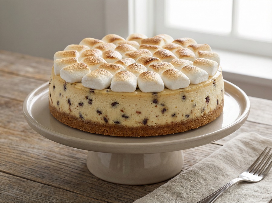 S'mores cheesecake — whole cake, top view