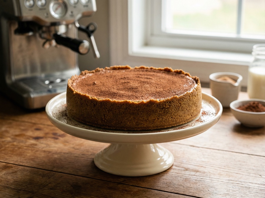 Tiramisu cheesecake — whole cake, top view