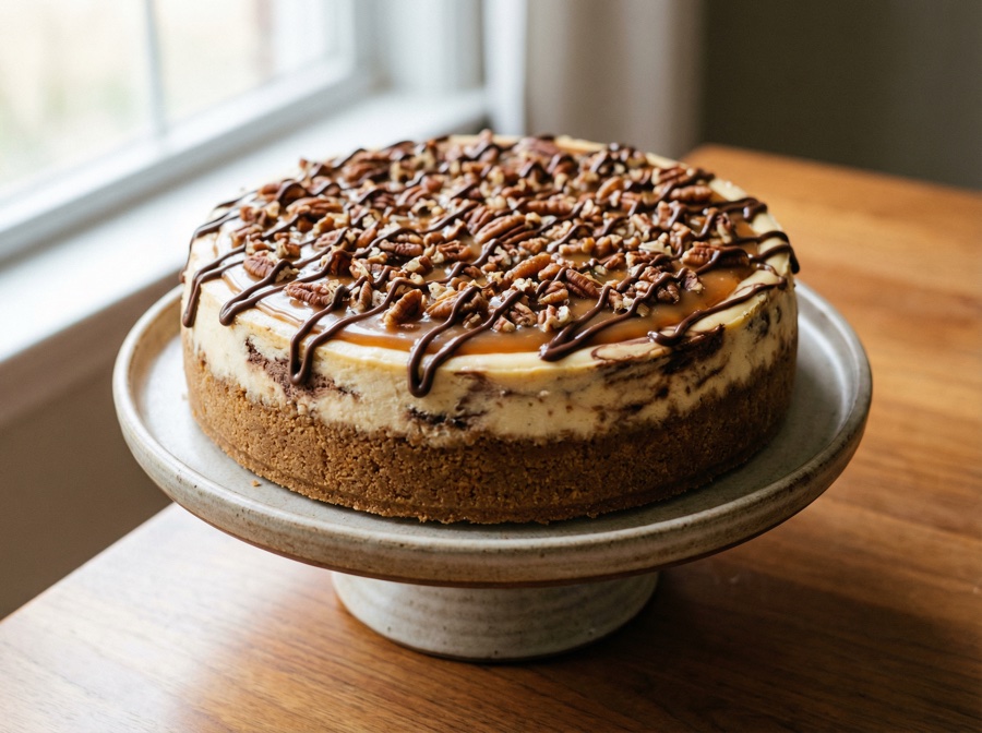 Turtle cheesecake — whole cake, top view