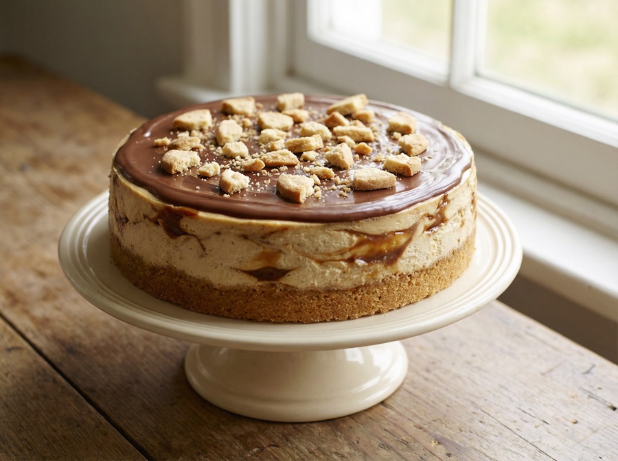 Twix cheesecake — whole cake, top view